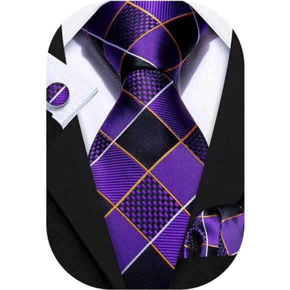 Plaid Ties Check Mens Necktie Set with Handkerchief Cufflinks Classic Stripe - Picture 1 of 8